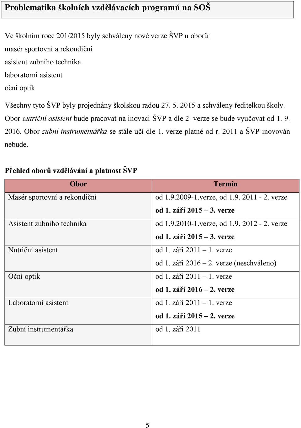 Obor zubní instrumentářka se stále učí dle 1. verze platné od r. 2011 a ŠVP inovován nebude. Přehled oborů vzdělávání a platnost ŠVP Obor Termín Masér sportovní a rekondiční od 1.9.2009-1.verze, od 1.