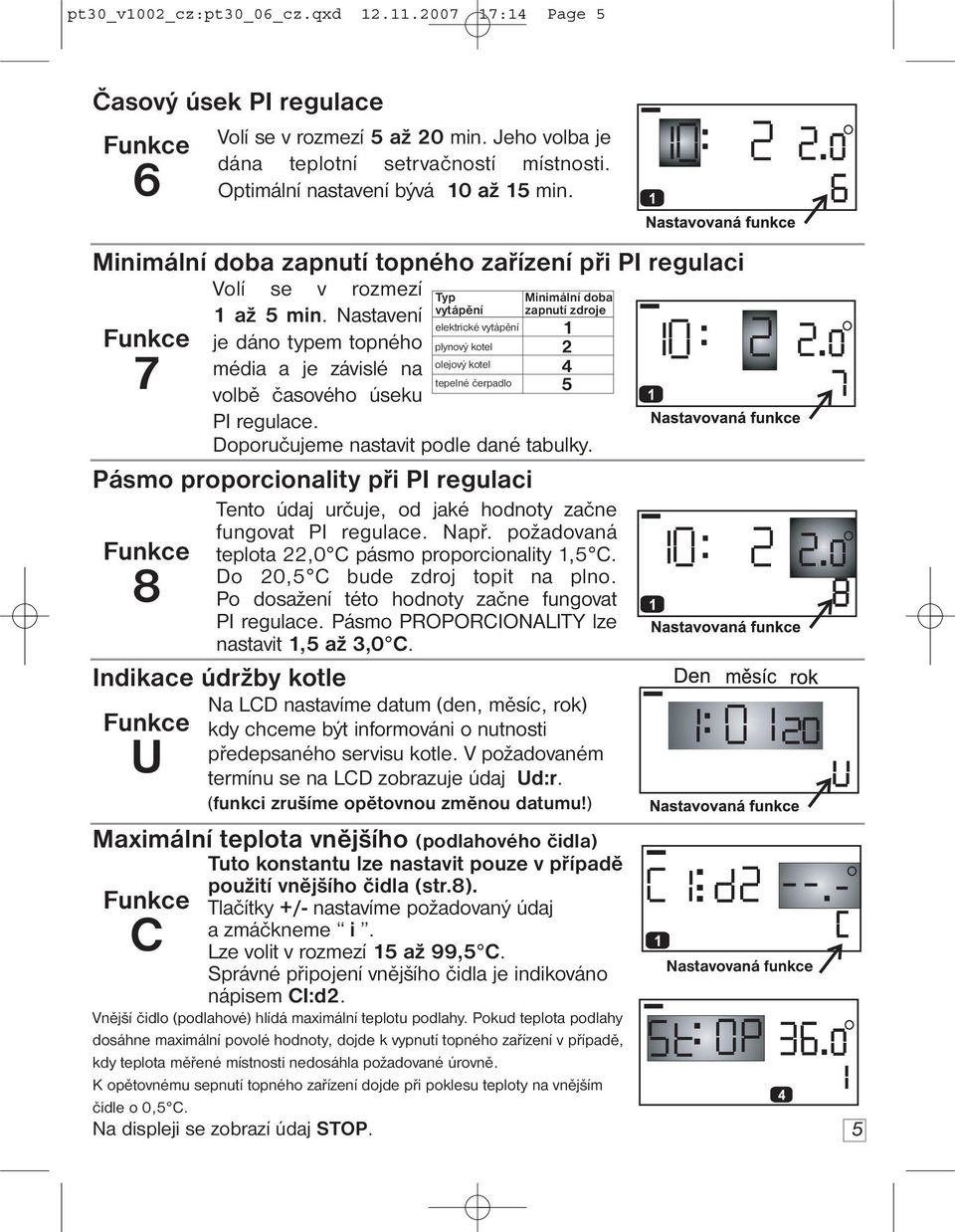 Nastavení je dáno typem topného média a je závislé na volbě časového úseku PI regulace.