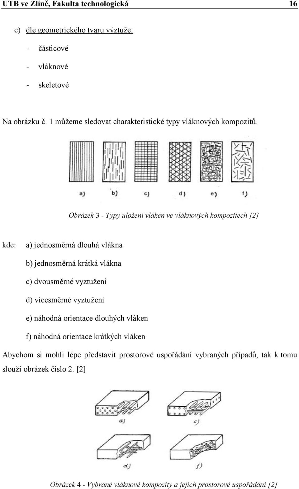 Obrázek 3 - Typy uložení vláken ve vláknových kompozitech [2] kde: a) jednosměrná dlouhá vlákna b) jednosměrná krátká vlákna c) dvousměrné vyztužení d)