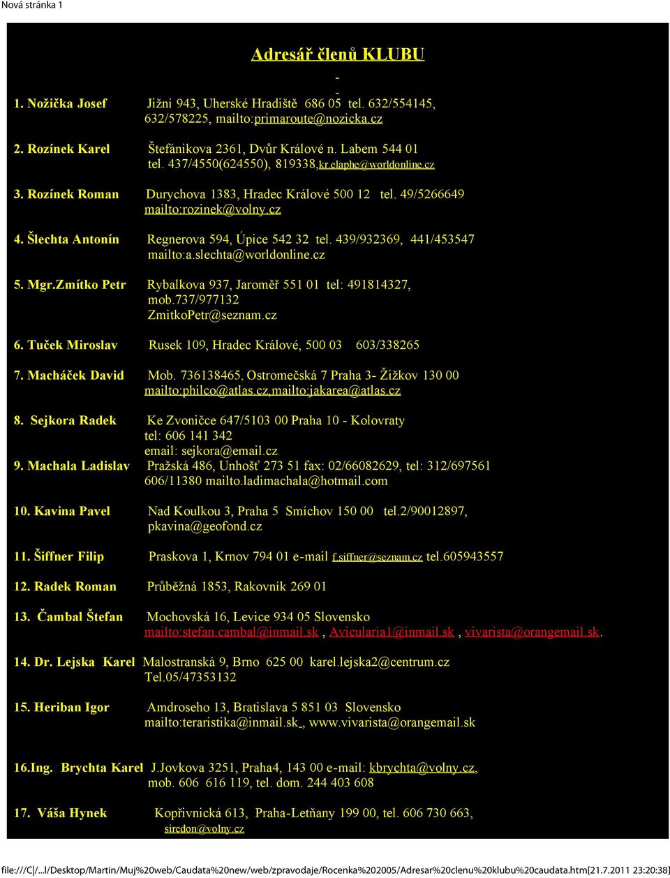 439/932369, 441/453547 mailto:a.slechta@worldonline.cz 5. Mgr.Zmítko Petr Rybalkova 937, Jaroměř 551 01 tel: 491814327, mob.737/977132 ZmitkoPetr@seznam.cz 6.