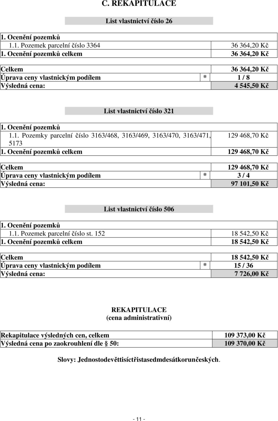 číslo 3163/468, 3163/469, 3163/470, 3163/471, 129 468,70 Kč 5173 celkem 129 468,70 Kč Celkem 129 468,70 Kč Úprava ceny vlastnickým podílem * 3 / 4 Výsledná cena: 97 101,50 Kč List vlastnictví číslo