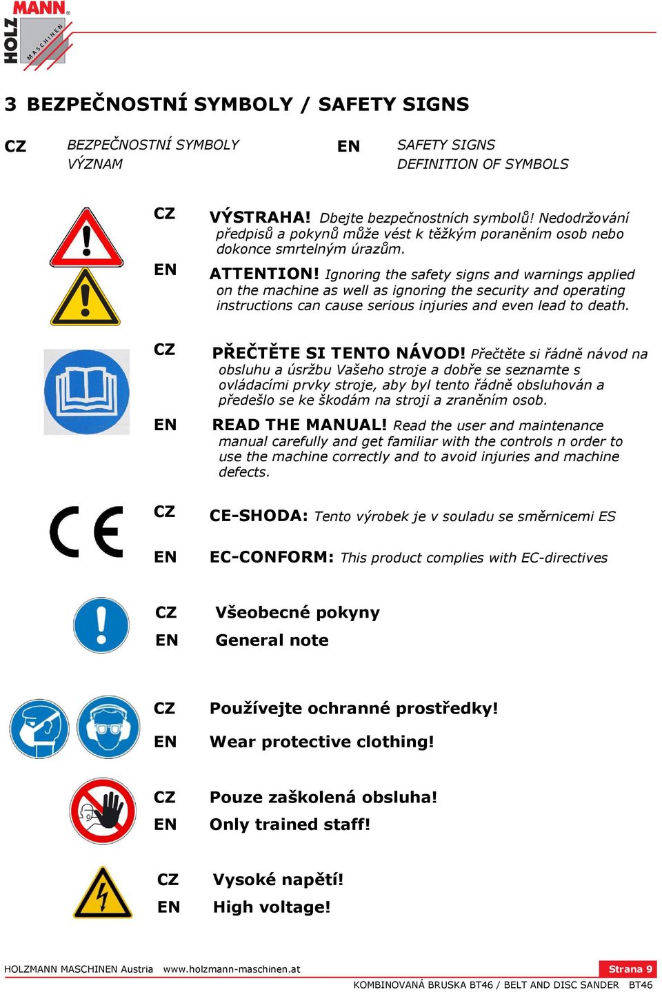 Ignoring the safety signs and warnings applied on the machine as well as ignoring the security and operating instructions can cause serious injuries and even lead to death. CZ PŘEČTĚTE SI TENTO NÁVOD!