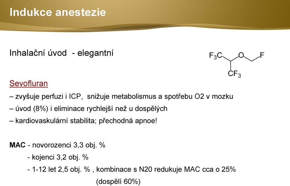 dospělých kardiovaskulární stabilita; přechodná apnoe! MAC - novorozenci 3,3 obj.