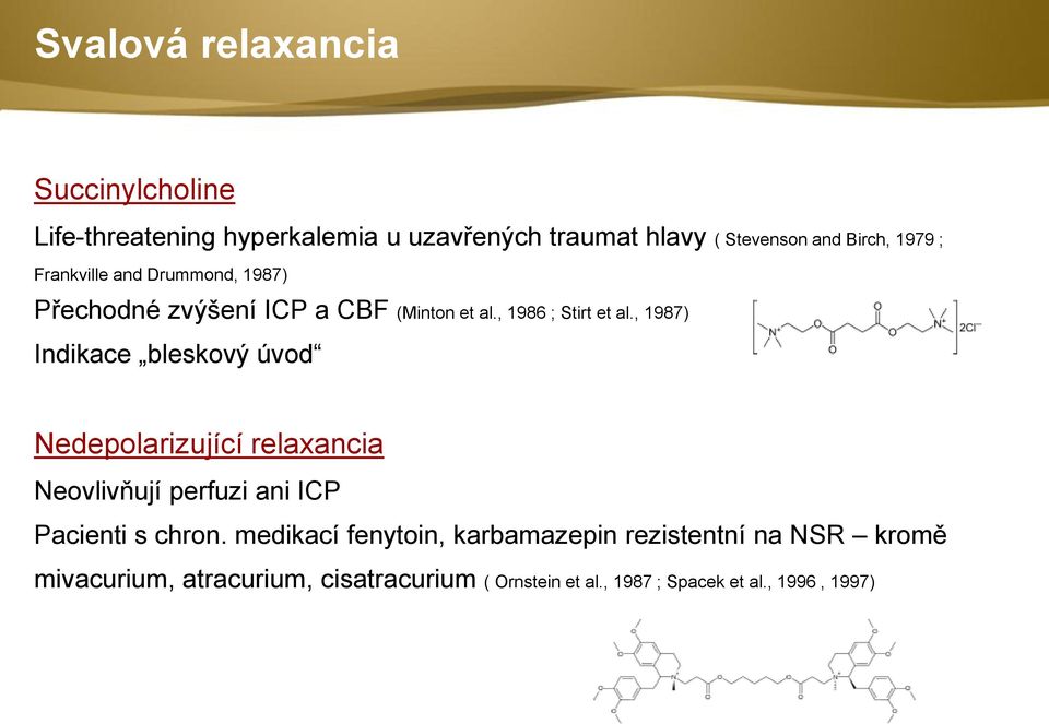 , 1987) Indikace bleskový úvod Nedepolarizující relaxancia Neovlivňují perfuzi ani ICP Pacienti s chron.