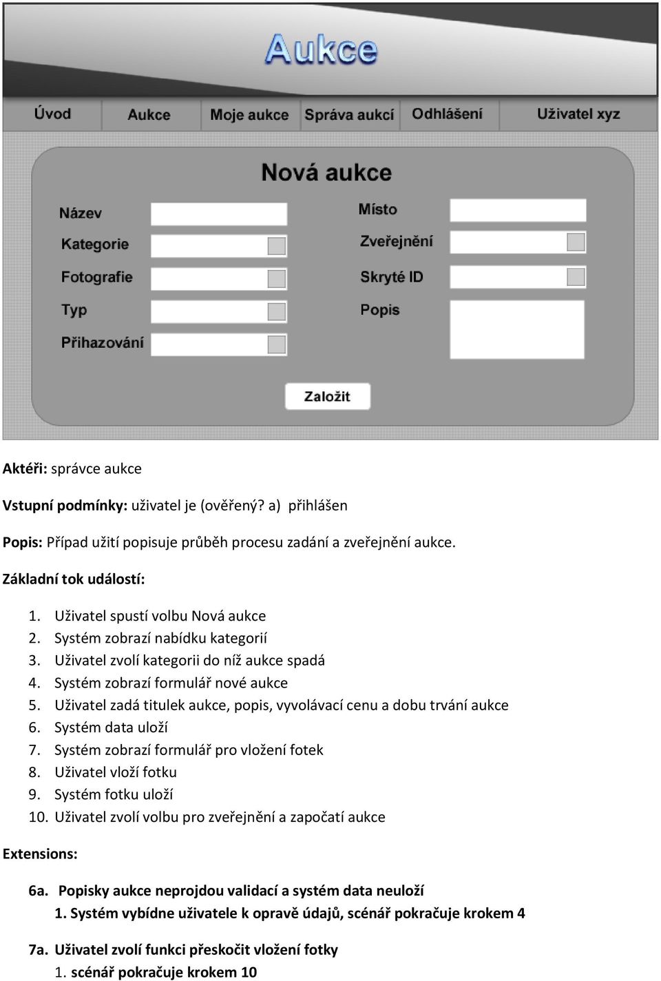 Uživatel zadá titulek aukce, popis, vyvolávací cenu a dobu trvání aukce 6. Systém data uloží 7. Systém zobrazí formulář pro vložení fotek 8. Uživatel vloží fotku 9. Systém fotku uloží 10.