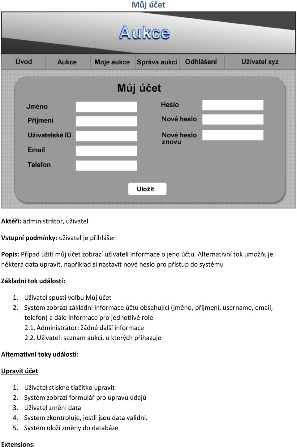 Systém zobrazí základní informace účtu obsahující (jméno, příjmení, username, email, telefon) a dále informace pro jednotlivé role 2.