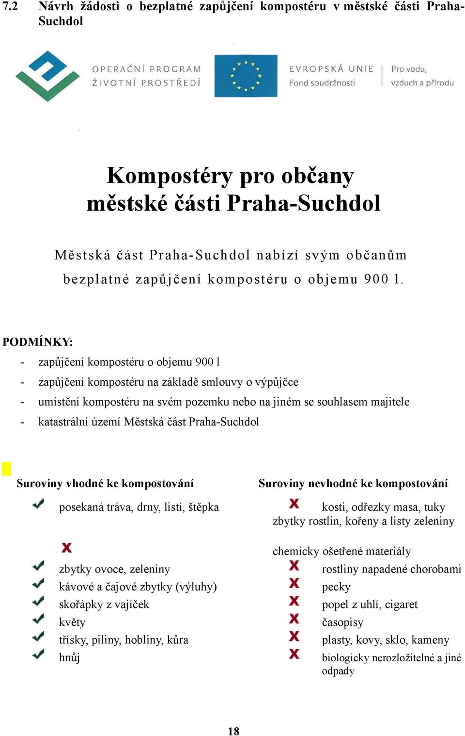 PODMÍNKY: - zapůjčení kompostéru o objemu 900 l - zapůjčení kompostéru na základě smlouvy o výpůjčce - umístění kompostéru na svém pozemku nebo na jiném se souhlasem majitele - katastrální území