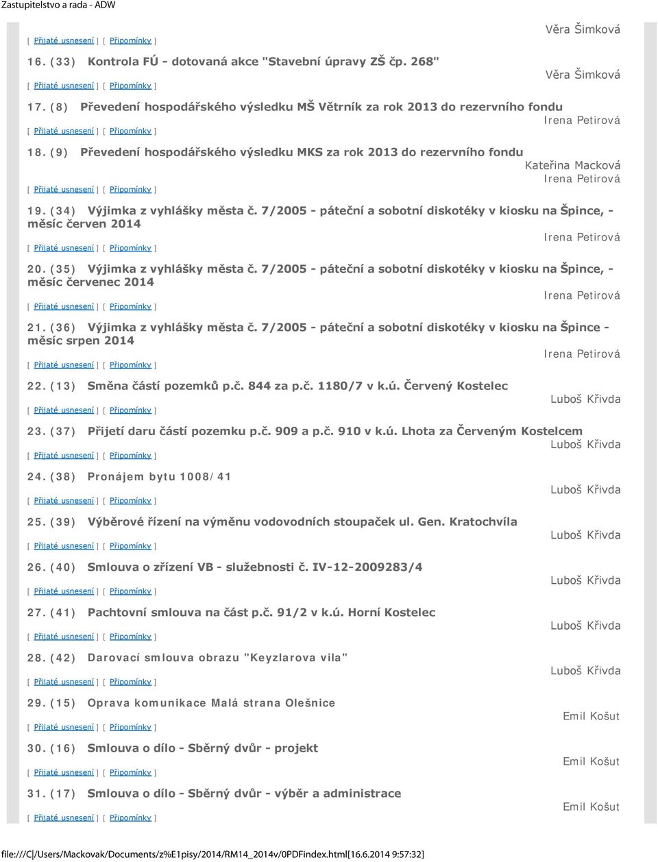 (34) Výjimka z vyhlášky města č. 7/2005 - páteční a sobotní diskotéky v kiosku na Špince, - měsíc červen 2014 Irena Petirová 20. (35) Výjimka z vyhlášky města č.