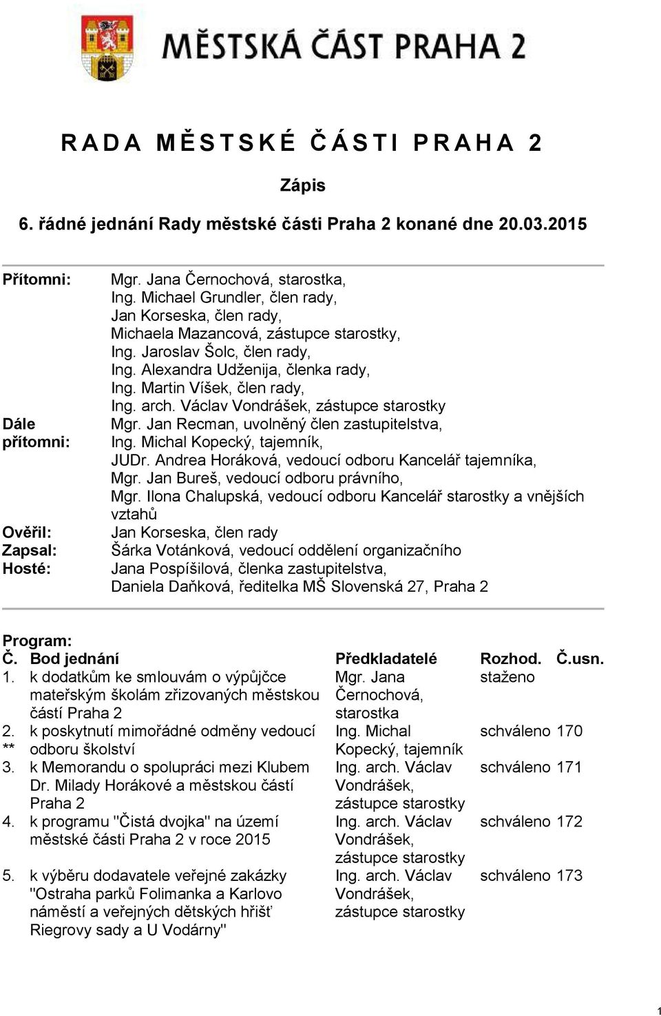 Martin Víšek, člen rady, Ing. arch. Václav Vondrášek, zástupce starostky Mgr. Jan Recman, uvolněný člen zastupitelstva, Ing. Michal Kopecký, tajemník, JUDr.