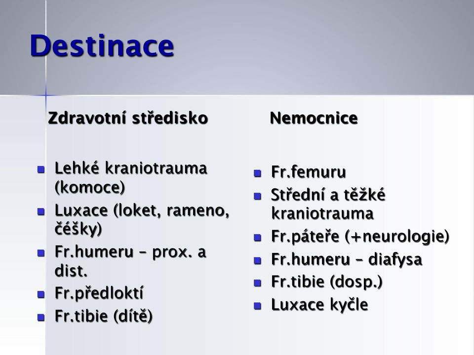 tibie (dítě) Nemocnice n Fr.femuru n Střední a těžké kraniotrauma n Fr.