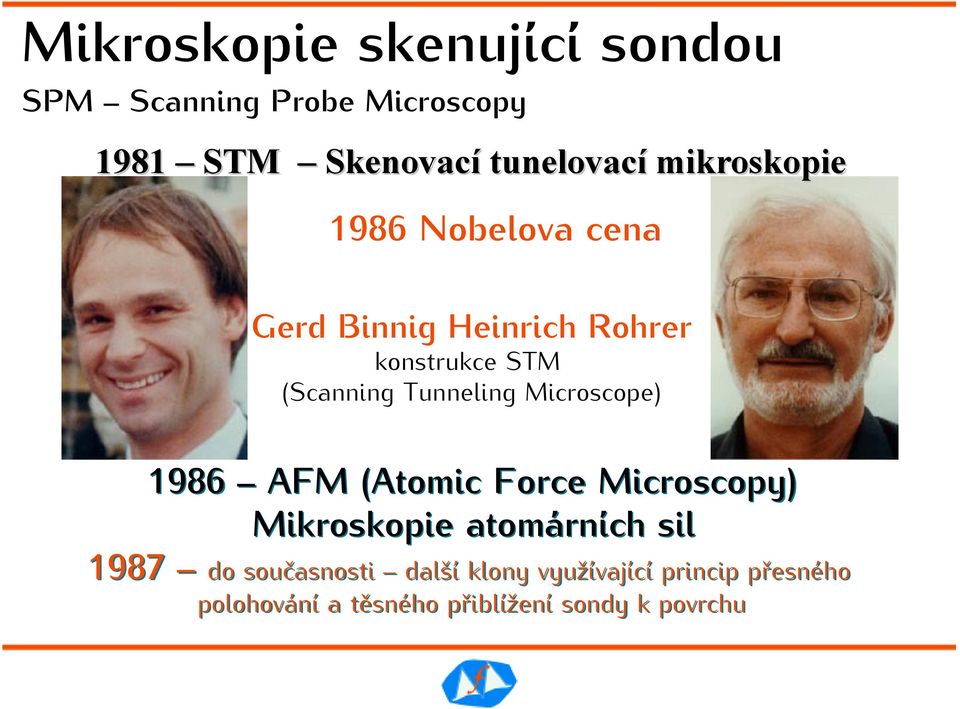 Tunneling Microscope) 1986 AFM (Atomic Force Microscopy) Mikroskopie atomárních sil 1987 do