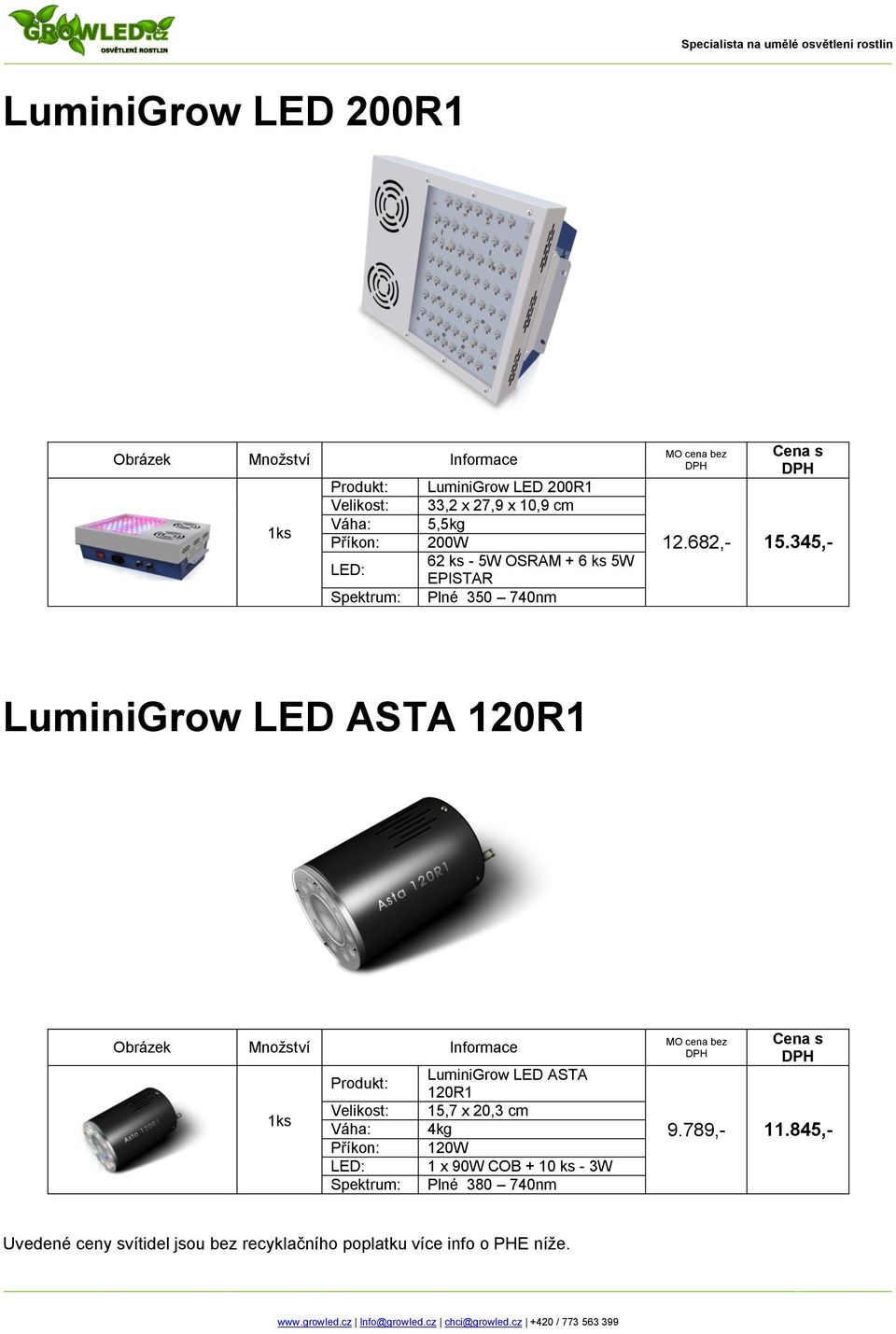 345,- LuminiGrow LED ASTA 120R1 LuminiGrow LED ASTA 120R1 Velikost: 15,7 x 20,3 cm Váha: 4kg Příkon: