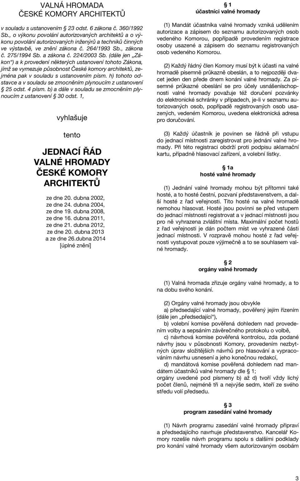 224/2003 Sb. (dále jen Zákon ) a k provedení některých ustanovení tohoto Zákona, jímž se vymezuje působnost České komory architektů, zejména pak v souladu s ustanovením písm.