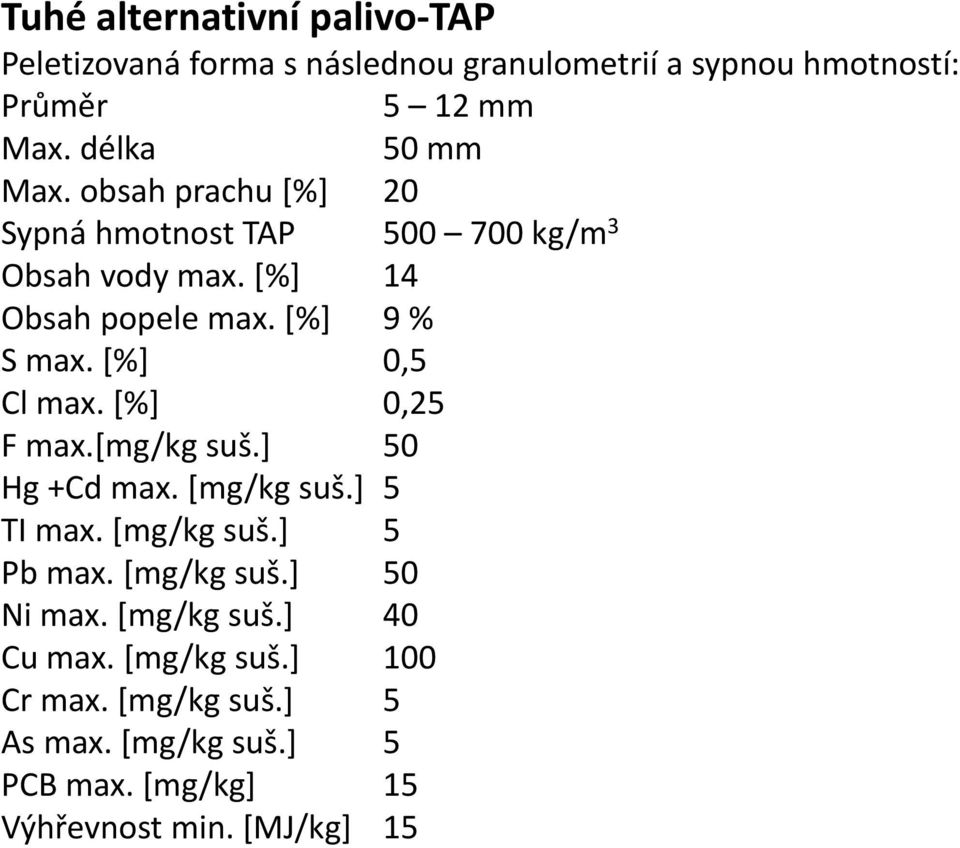 [%] 0,5 Cl max. [%] 0,25 F max.[mg/kg suš.] 50 Hg +Cd max. [mg/kg suš.] 5 TI max. [mg/kg suš.] 5 Pb max. [mg/kg suš.] 50 Ni max.