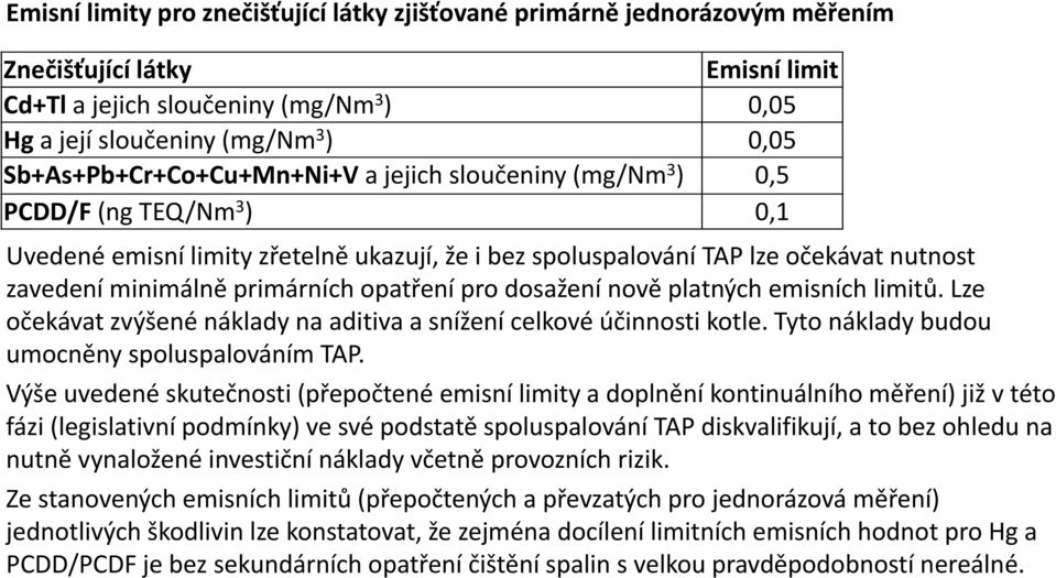 primárních opatření pro dosažení nově platných emisních limitů. Lze očekávat zvýšené náklady na aditiva a snížení celkové účinnosti kotle. Tyto náklady budou umocněny spoluspalováním TAP.