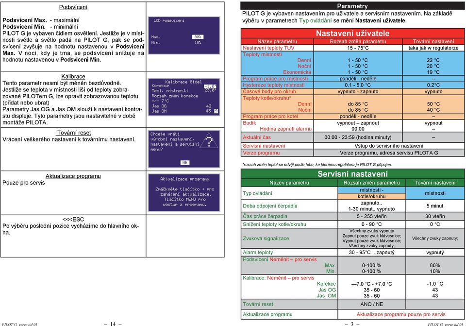 V noci, kdy je tma, se podsvícení snižuje na hodnotu nastavenou v Podsvícení Min. Kalibrace Tento parametr nesmí být měněn bezdůvodně.