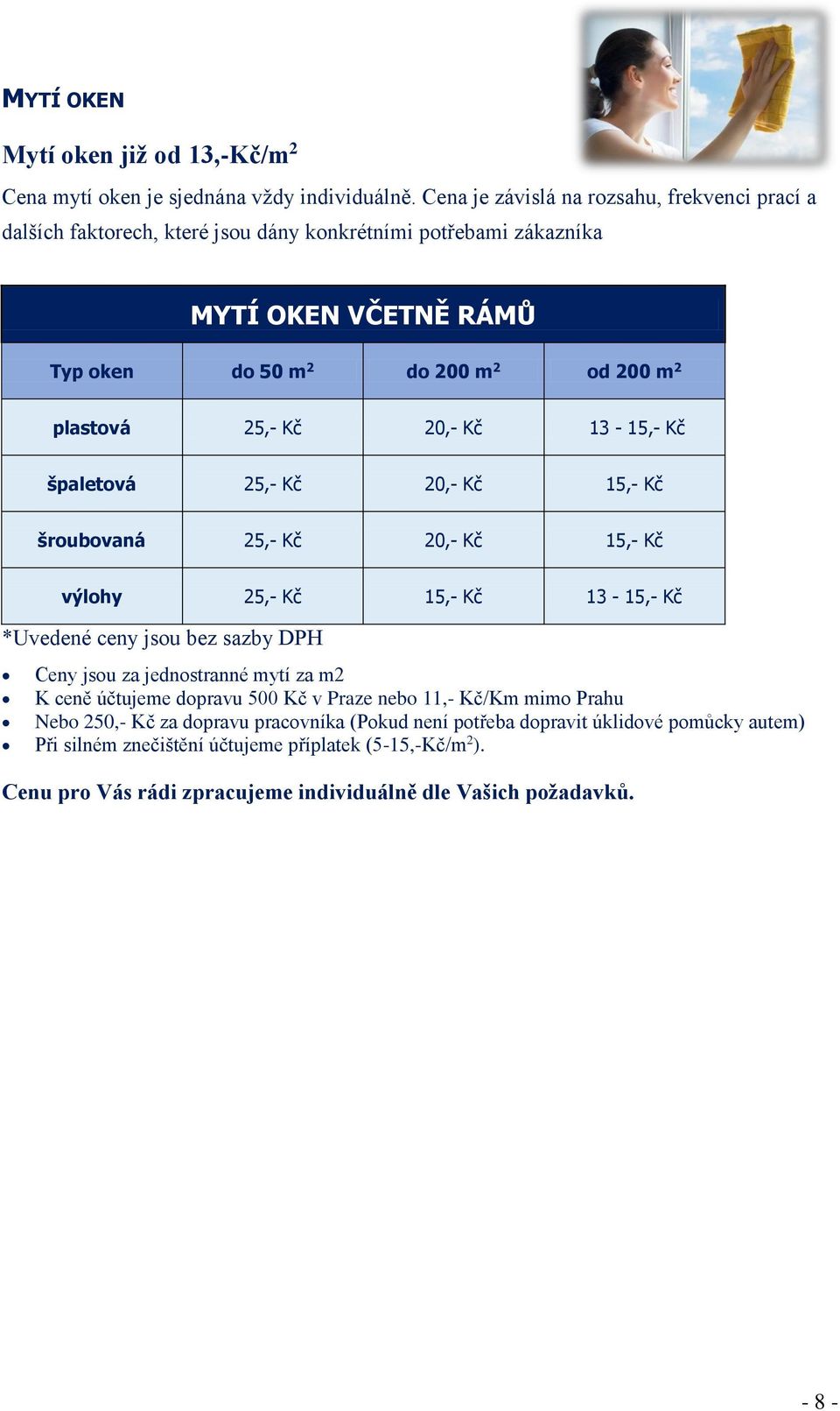 MYTÍ OKEN VČETNĚ RÁMŮ Typ oken do 50 m 2 do 200 m 2 od 200 m 2 plastová 25,- Kč 20,- Kč 13-15,- Kč špaletová 25,- Kč 20,- Kč 15,- Kč šroubovaná 25,- Kč 20,- Kč