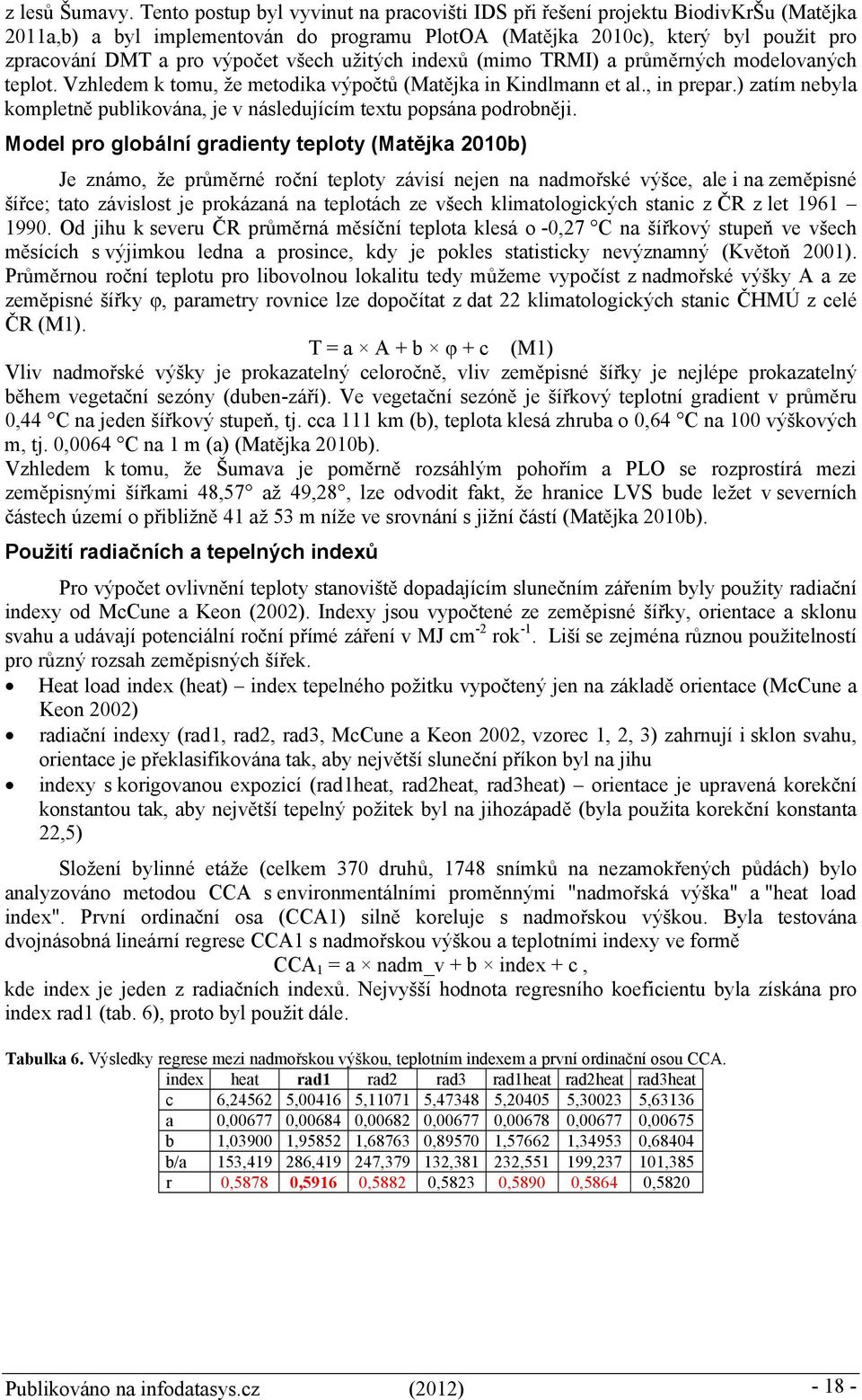 všech užitých indexů (mimo TRMI) a průměrných modelovaných teplot. Vzhledem k tomu, že metodika výpočtů (Matějka in Kindlmann et al., in prepar.