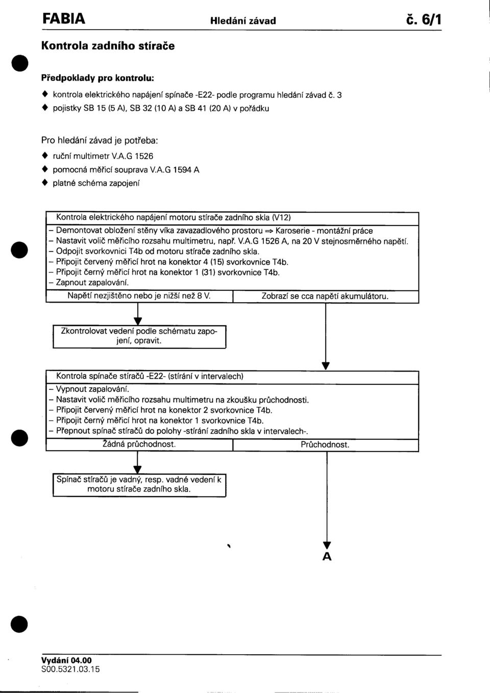 (V12) -Demontovat obložení stìny víka zavazadlového prostoru ~ Karoserie -montážní práce voliè mìricího rozsahu multimetru napr VAG 1526 A na 20 V stejnosmìrného napìtí -Odpojit svorkovnici T4b od