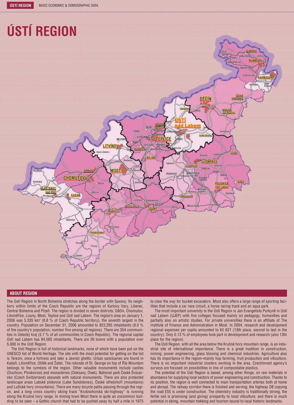 The region is divided in seven districts: Dûãín, Chomutov, Litomûfiice, Louny, Most, Teplice and Ústí nad Labem. The region s area on January 1, 2006 was 5,335 km 2 (6.