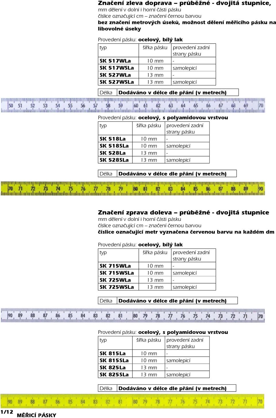 polyamidovou vrstvou SK 518La 10 - SK 518SLa 10 samolepicí SK 528La 13 - SK 528SLa 13 samolepicí Dodáváno v délce dle přání (v metrech) Značení zprava doleva průběžné - dvojitá stupnice dělení v