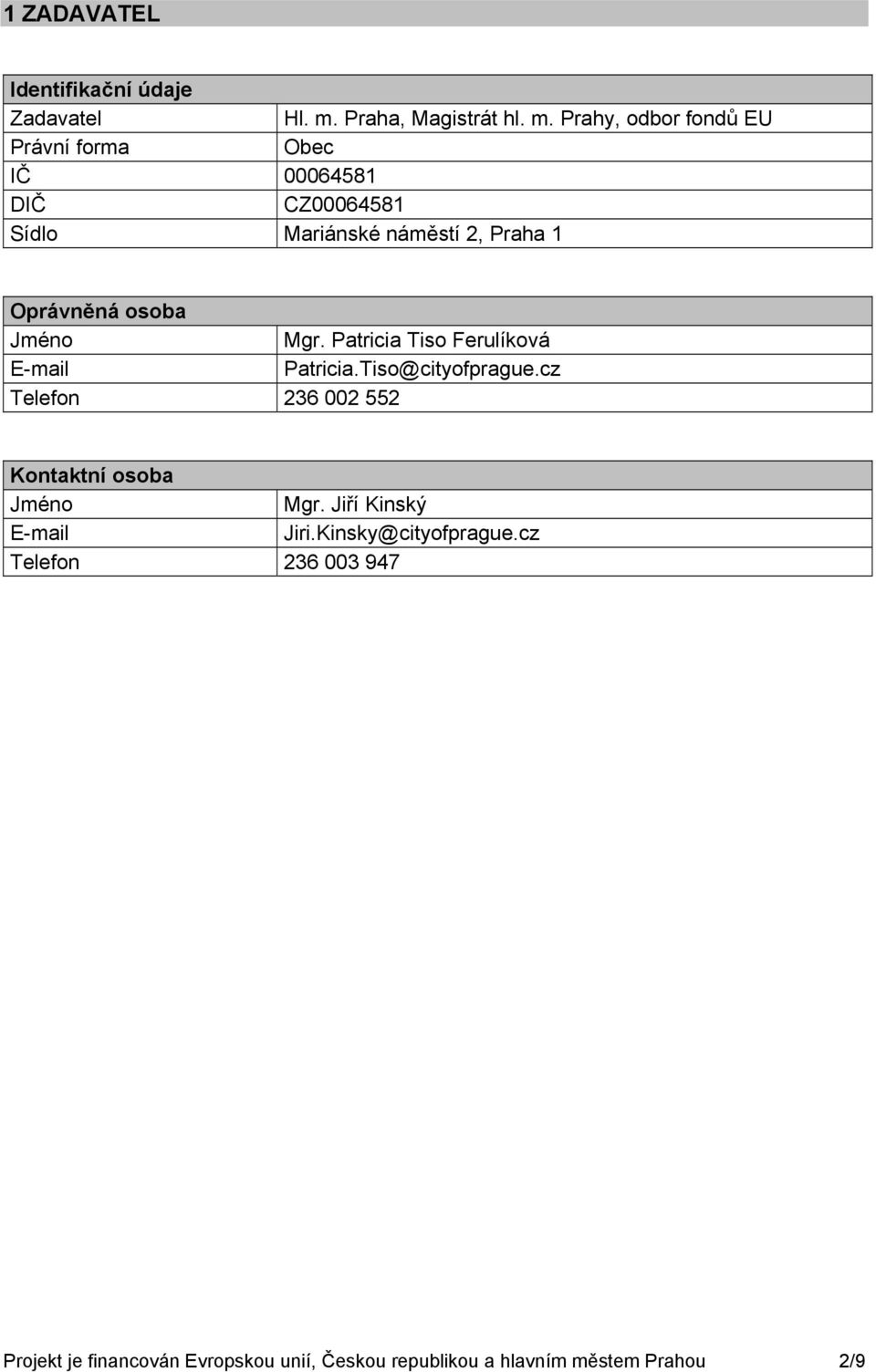 Prahy, odbor fondů EU Právní forma Obec IČ 00064581 DIČ CZ00064581 Sídlo Mariánské náměstí 2, Praha 1 Oprávněná