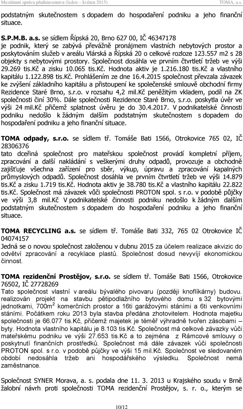 898 tis.kč. Prohlášením ze dne 16.4.2015 společnost převzala závazek ke zvýšení základního kapitálu a přistoupení ke společenské smlouvě obchodní firmy Rezidence Staré Brno, s.r.o. v rozsahu 4,2 mil.