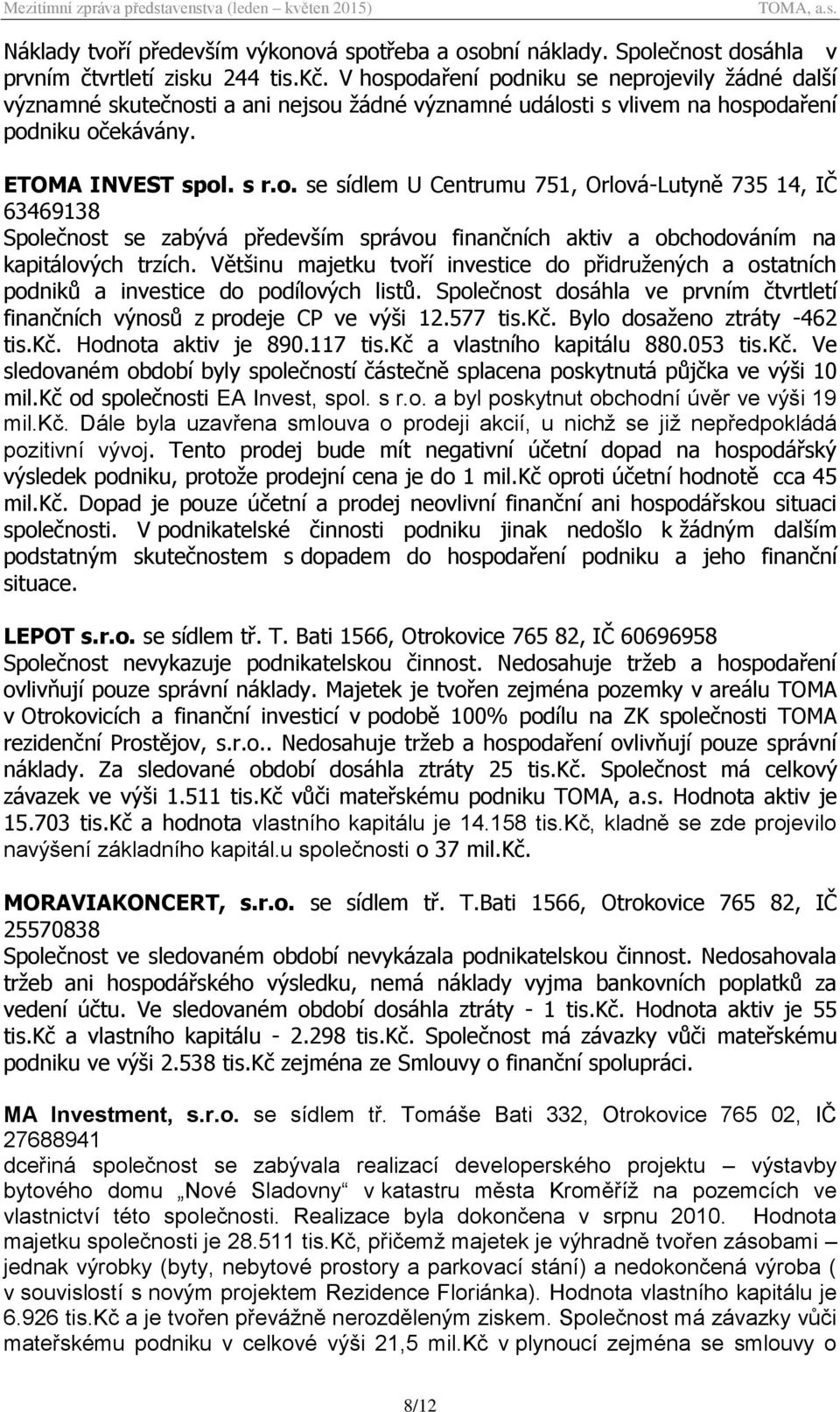 Většinu majetku tvoří investice do přidružených a ostatních podniků a investice do podílových listů. Společnost dosáhla ve prvním čtvrtletí finančních výnosů z prodeje CP ve výši 12.577 tis.kč.