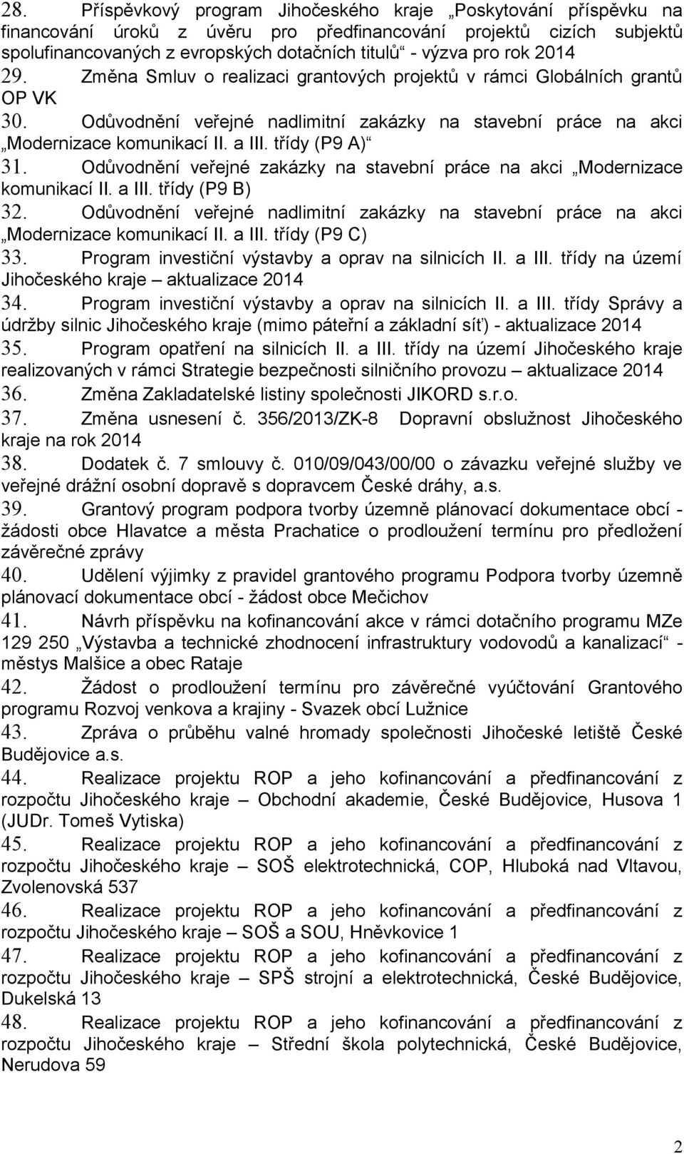 třídy (P9 A) 31. Odůvodnění veřejné zakázky na stavební práce na akci Modernizace komunikací II. a III. třídy (P9 B) 32.