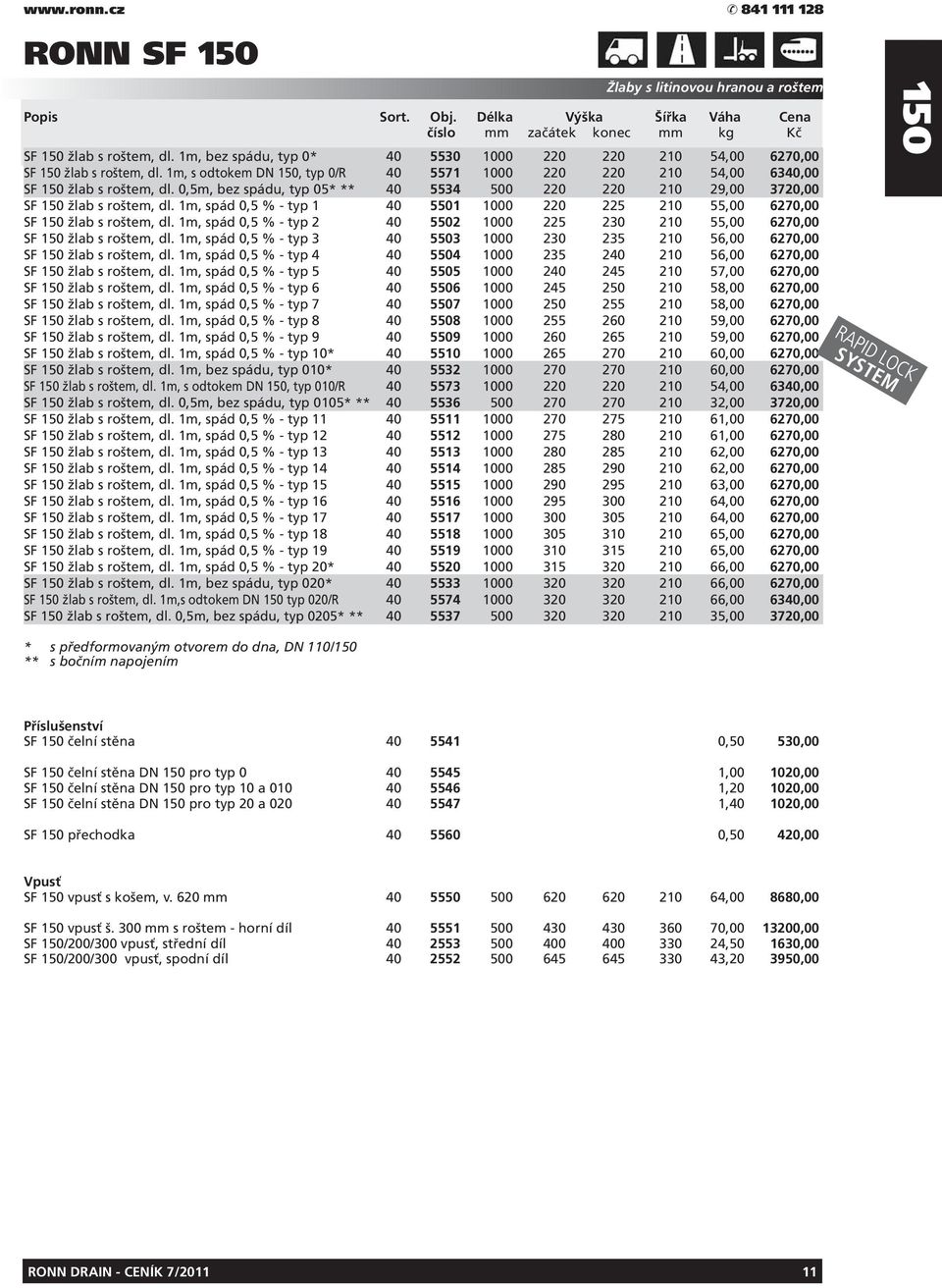 1m, spád 0,5 % - typ 1 40 5501 1000 220 225 210 55,00 6270,00 SF 150 žlab s roštem, dl. 1m, spád 0,5 % - typ 2 40 5502 1000 225 230 210 55,00 6270,00 SF 150 žlab s roštem, dl.