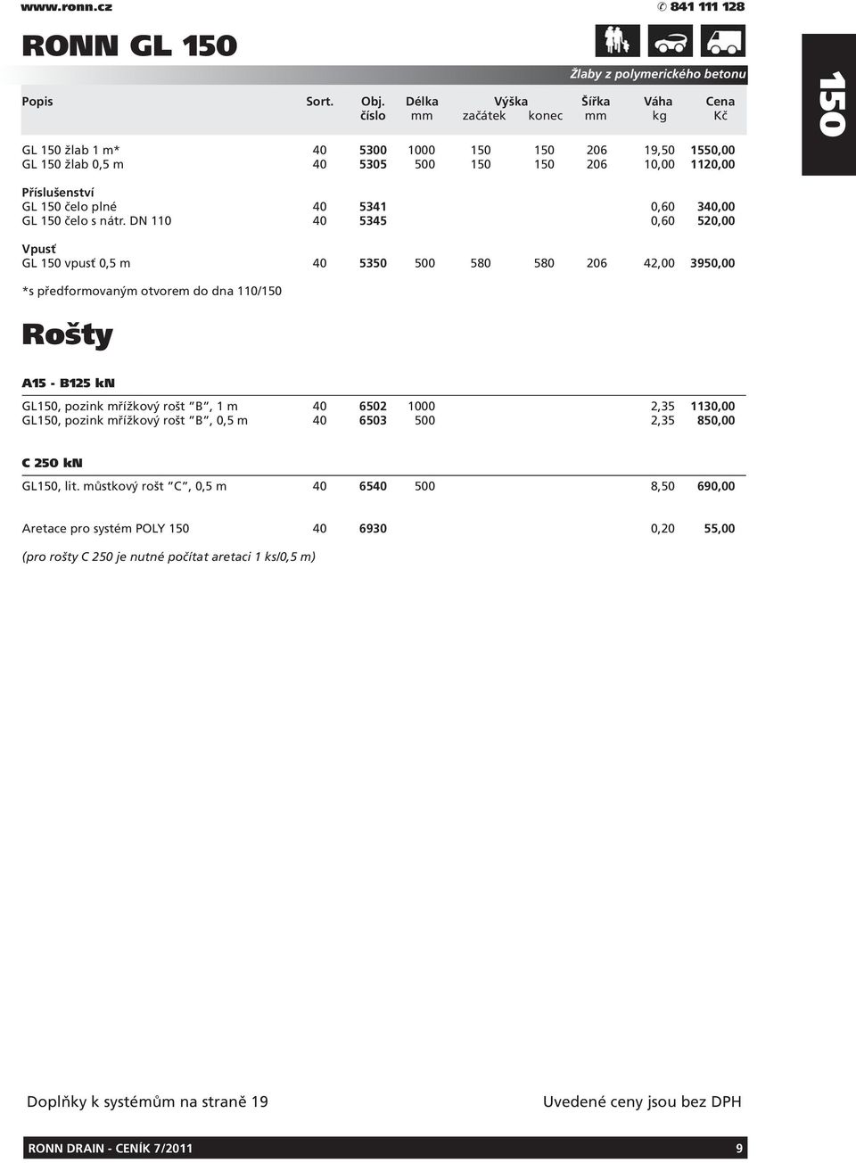 DN 110 40 5345 0,60 520,00 GL 150 vpusť 0,5 m 40 5350 500 580 580 206 42,00 3950,00 *s předformovaným otvorem do dna 110/150 Rošty A15 - B125 kn GL150, pozink mřížkový rošt B, 1 m 40
