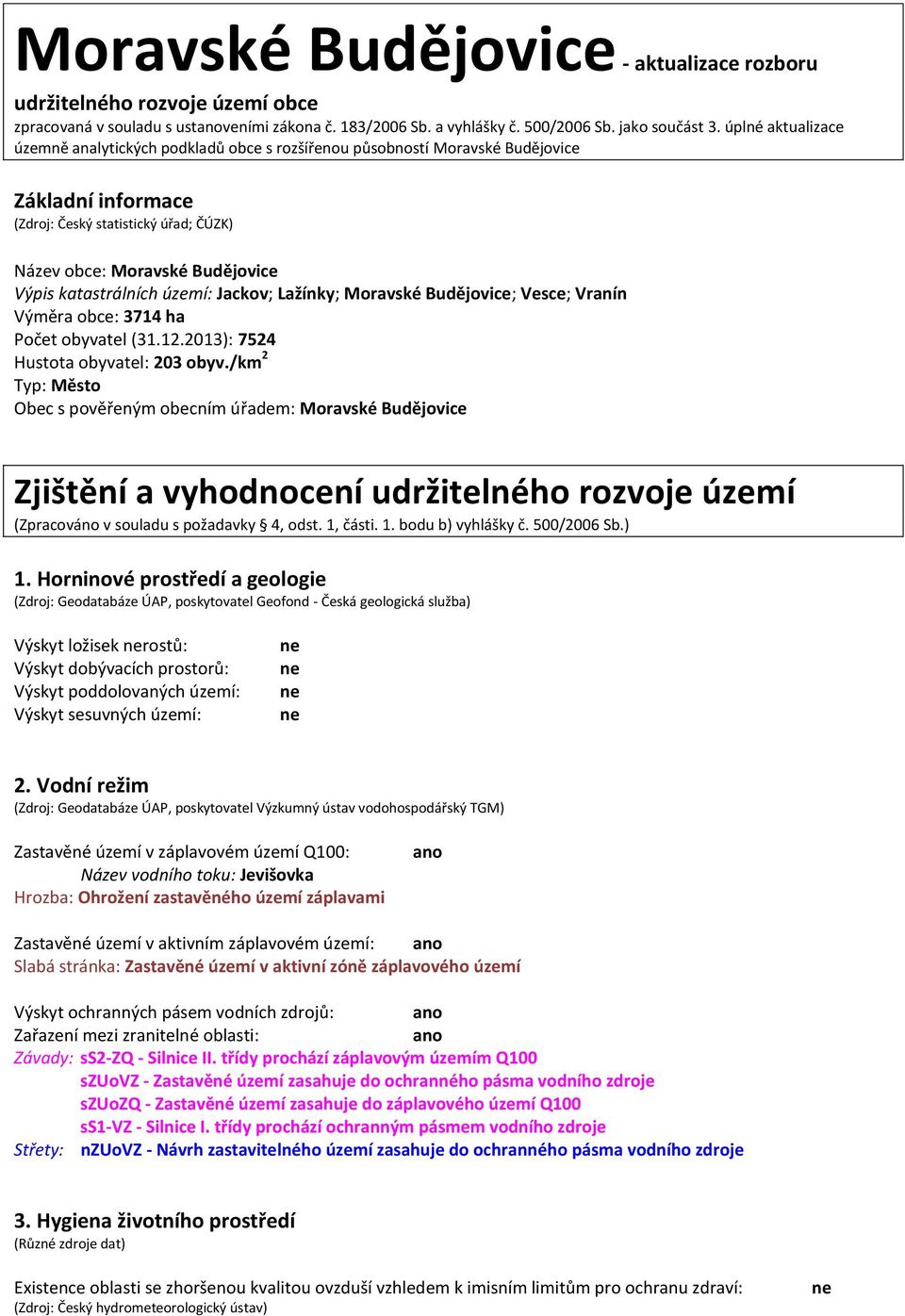 katastrálních území: Jackov; Lažínky; Moravské Budějovice; Vesce; Vranín Výměra obce: 3714 ha Počet obyvatel (31.12.2013): 7524 Hustota obyvatel: 203 obyv.