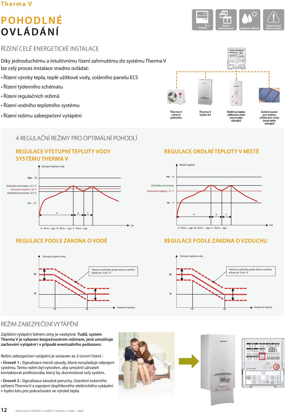 stávající) 4 REGULAČNÍ REŽIMY PRO OPTIMÁLNÍ POHODLÍ REGULACE VÝSTUPNÍ TEPLOTY VODY SYSTÉMU THERMA V REGULACE OKOLNÍ TEPLOTY V MÍSTĚ Nastavená teplota: 38 C Nastavená teplota: 21 C REGULACE PODLE