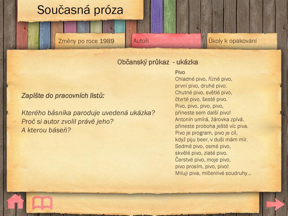 Pivo, pivo, pivo, pivo, přineste sem další pivo! Antonín umírá, ţárovka zpívá, přineste proboha ještě víc piva.