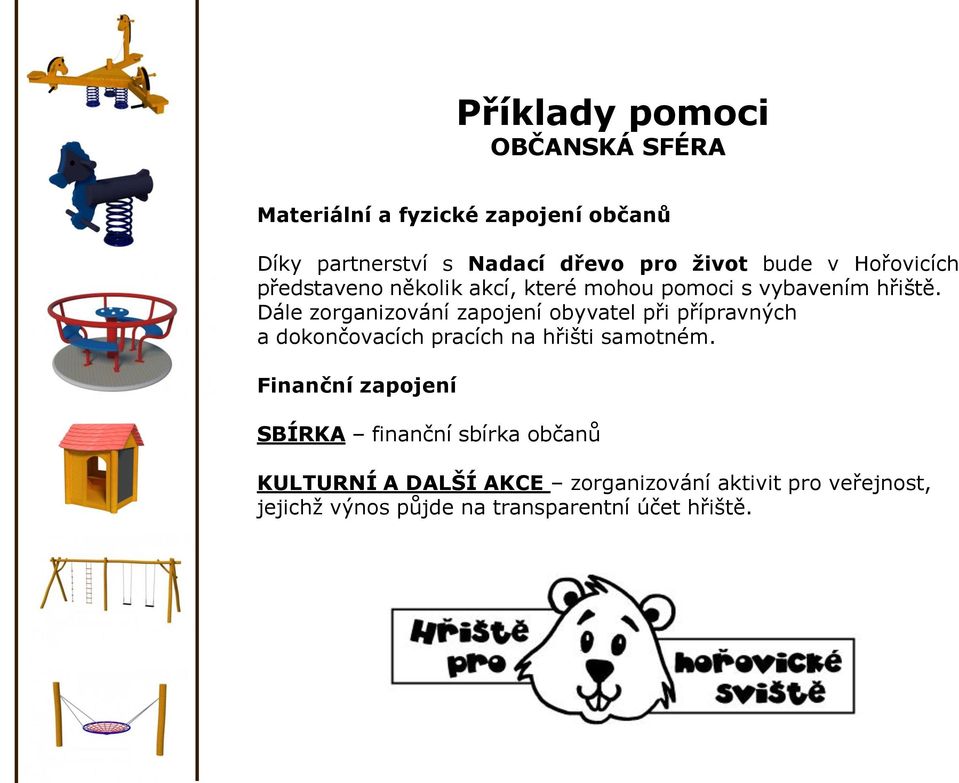 Dále zorganizování zapojení obyvatel při přípravných a dokončovacích pracích na hřišti samotném.