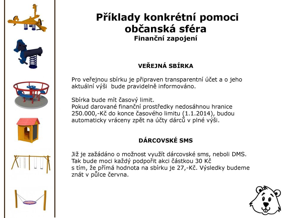 000,-Kč do konce časového limitu (1.1.2014), budou automaticky vráceny zpět na účty dárců v plné výši.