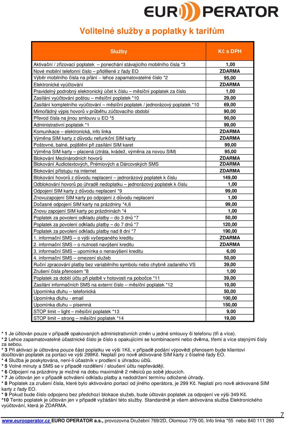 *10 29,00 Zasílání kompletního vyúčtování měsíční poplatek / jednorázový poplatek *10 69,00 Mimořádný výpis hovorů v průběhu zúčtovacího období 90,00 Převod čísla na jinou smlouvu u EO *5 90,00