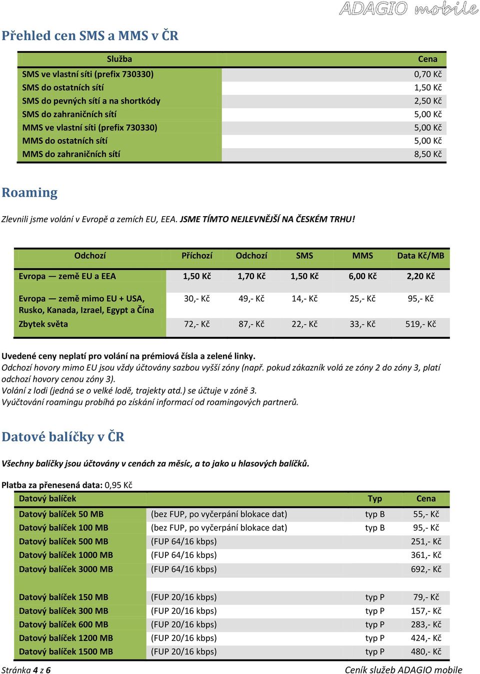 Odchozí Příchozí Odchozí SMS MMS Data Kč/MB Evropa země EU a EEA 1,70 Kč 6,00 Kč 2,20 Kč Evropa země mimo EU + USA, Rusko, Kanada, Izrael, Egypt a Čína 30,- Kč 49,- Kč 14,- Kč 25,- Kč 95,- Kč Zbytek