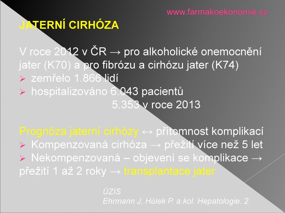 353 v roce 2013 Prognóza jaterní cirhózy přítomnost komplikací Kompenzovaná cirhóza přežití více