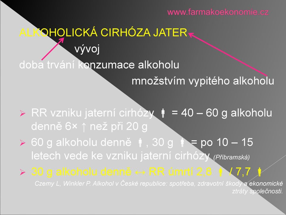 15 letech vede ke vzniku jaterní cirhózy (Příbramská) 30 g alkoholu denně RR úmrtí 2,8 / 7,7