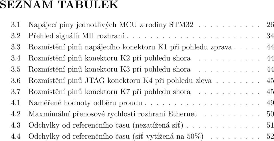 .......... 44 3.6 Rozmístění pinů JTAG konektoru K4 při pohledu zleva........ 45 3.7 Rozmístění pinů konektoru K7 při pohledu shora........... 45 4.1 Naměřené hodnoty odběru proudu.