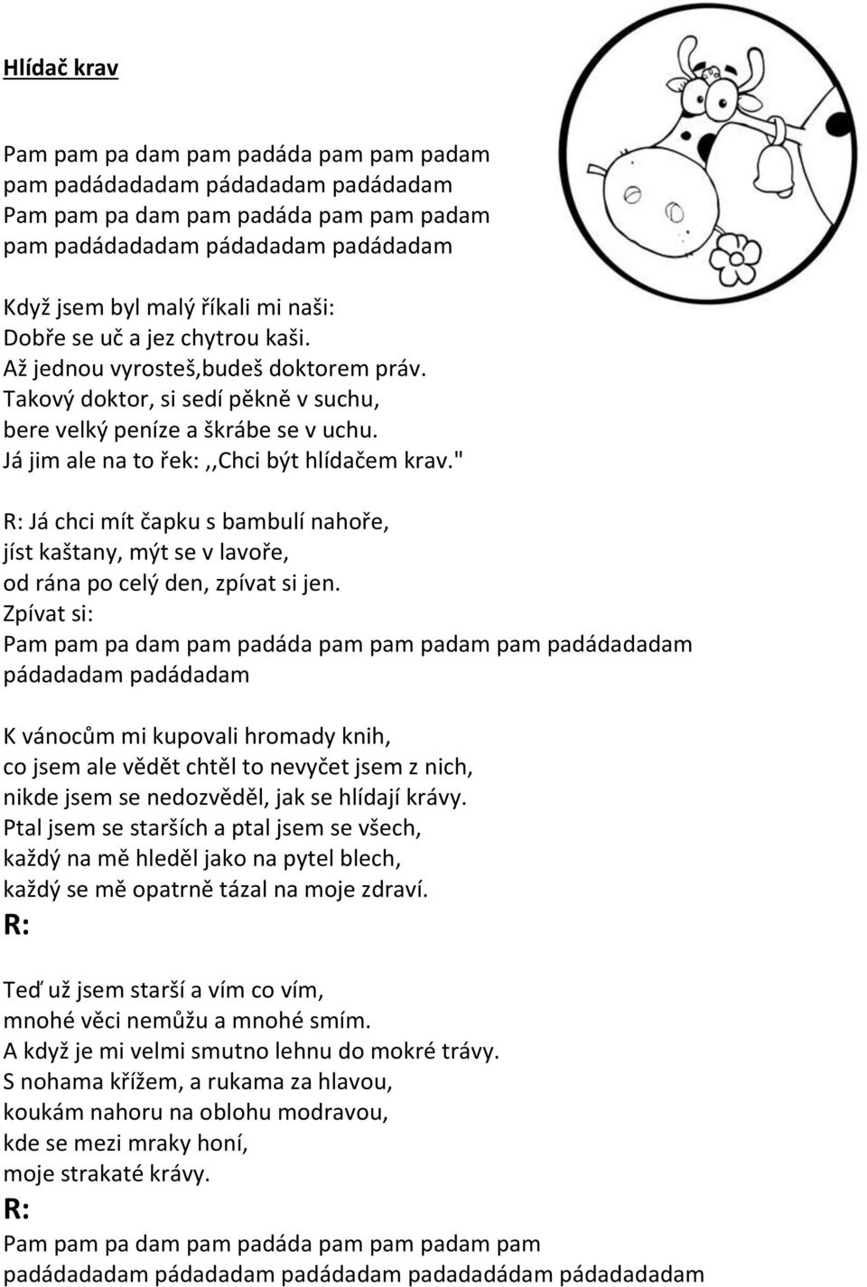 " Já chci mít čapku s bambulí nahoře, jíst kaštany, mýt se v lavoře, od rána po celý den, zpívat si jen.