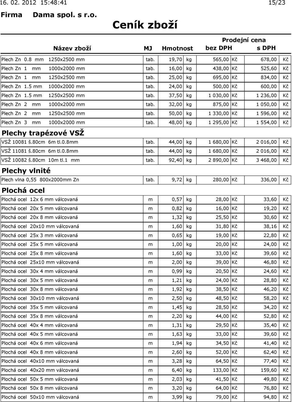 32,00 kg 875,00 Kč 1 050,00 Kč Plech Zn 2 mm 1250x2500 mm tab. 50,00 kg 1 330,00 Kč 1 596,00 Kč Plech Zn 3 mm 1000x2000 mm tab. 48,00 kg 1 295,00 Kč 1 554,00 Kč Plechy trapézové VSŽ VSŽ 10081 š.