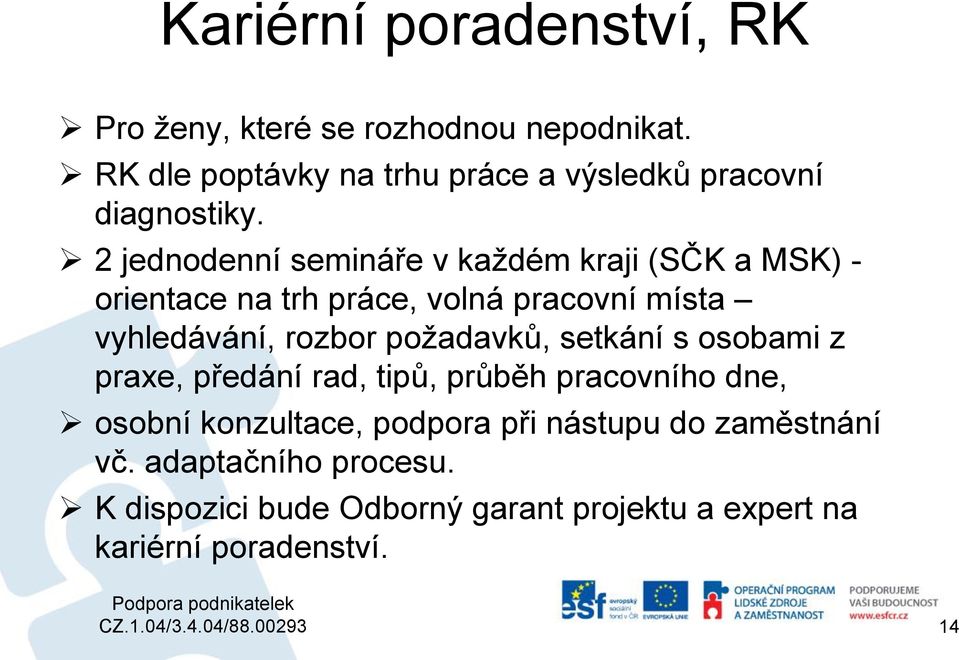 2 jednodenní semináře v každém kraji (SČK a MSK) - orientace na trh práce, volná pracovní místa vyhledávání, rozbor