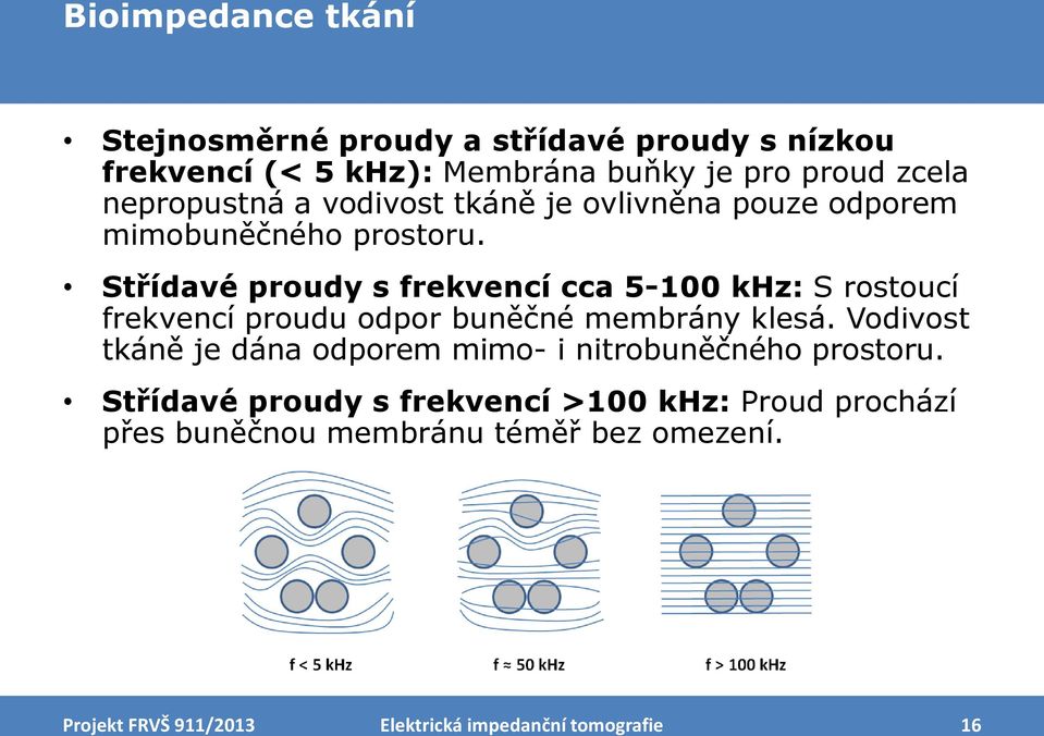 Střídavé proudy s frekvencí cca 5-100 khz: S rostoucí frekvencí proudu odpor buněčné membrány klesá.