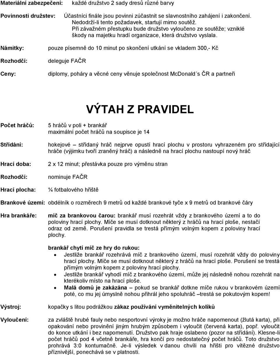 Námitky: Rozhodčí: Ceny: pouze písemně do 10 minut po skončení utkání se vkladem 300,- Kč deleguje FAČR diplomy, poháry a věcné ceny věnuje společnost McDonald s ČR a partneři VÝTAH Z PRAVIDEL Počet