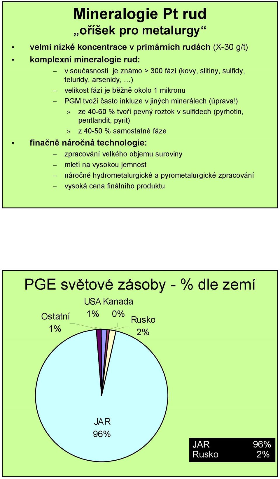 )» ze 40-60 % tvoří pevný roztok v sulfidech (pyrhotin, pentlandit, pyrit)» z 40-50 % samostatné fáze finačně náročná technologie: zpracování velkého objemu suroviny