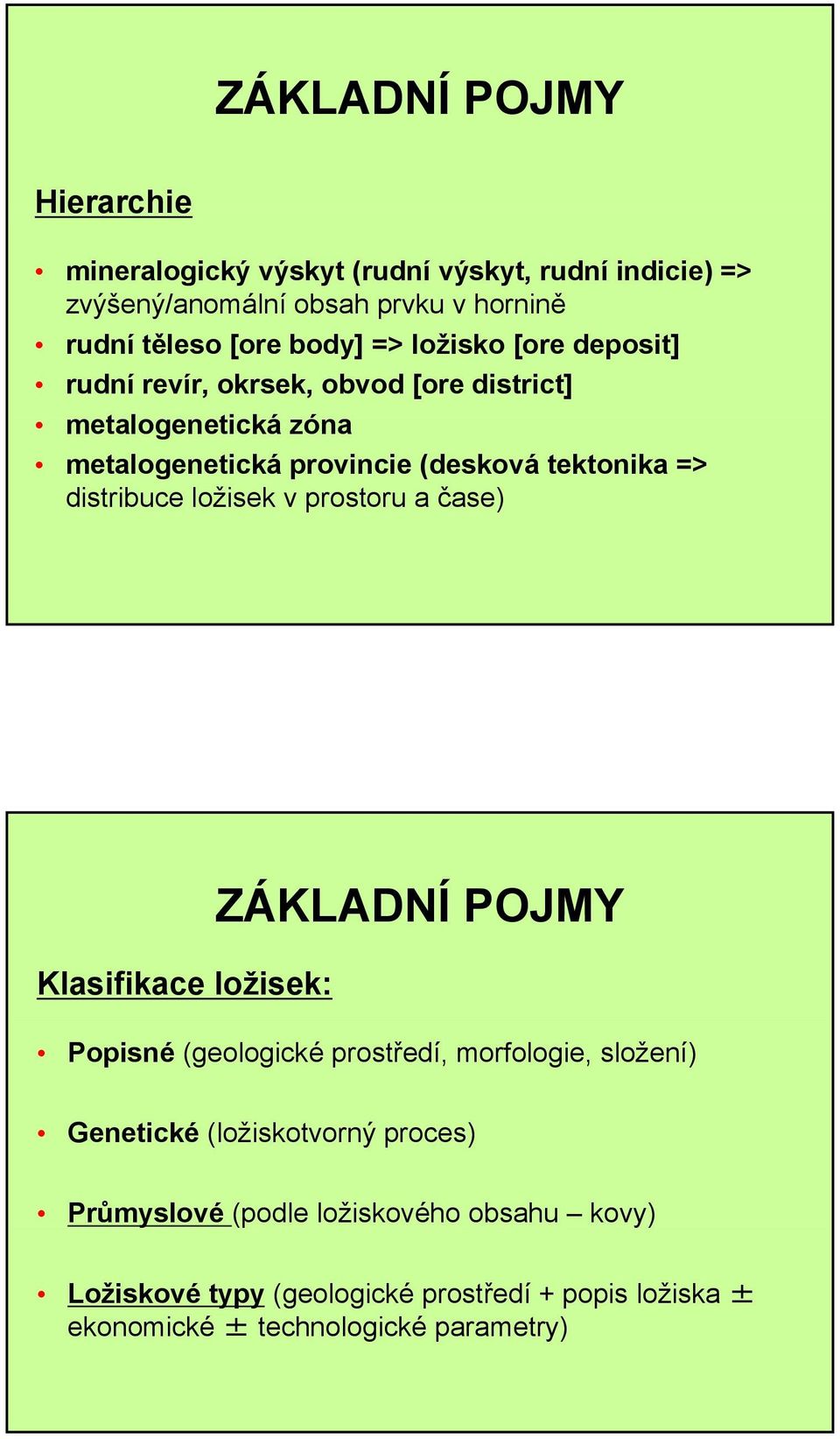 distribuce ložisek v prostoru a čase) Klasifikace ložisek: ZÁKLADNÍ POJMY Popisné (geologické prostředí, morfologie, složení) Genetické