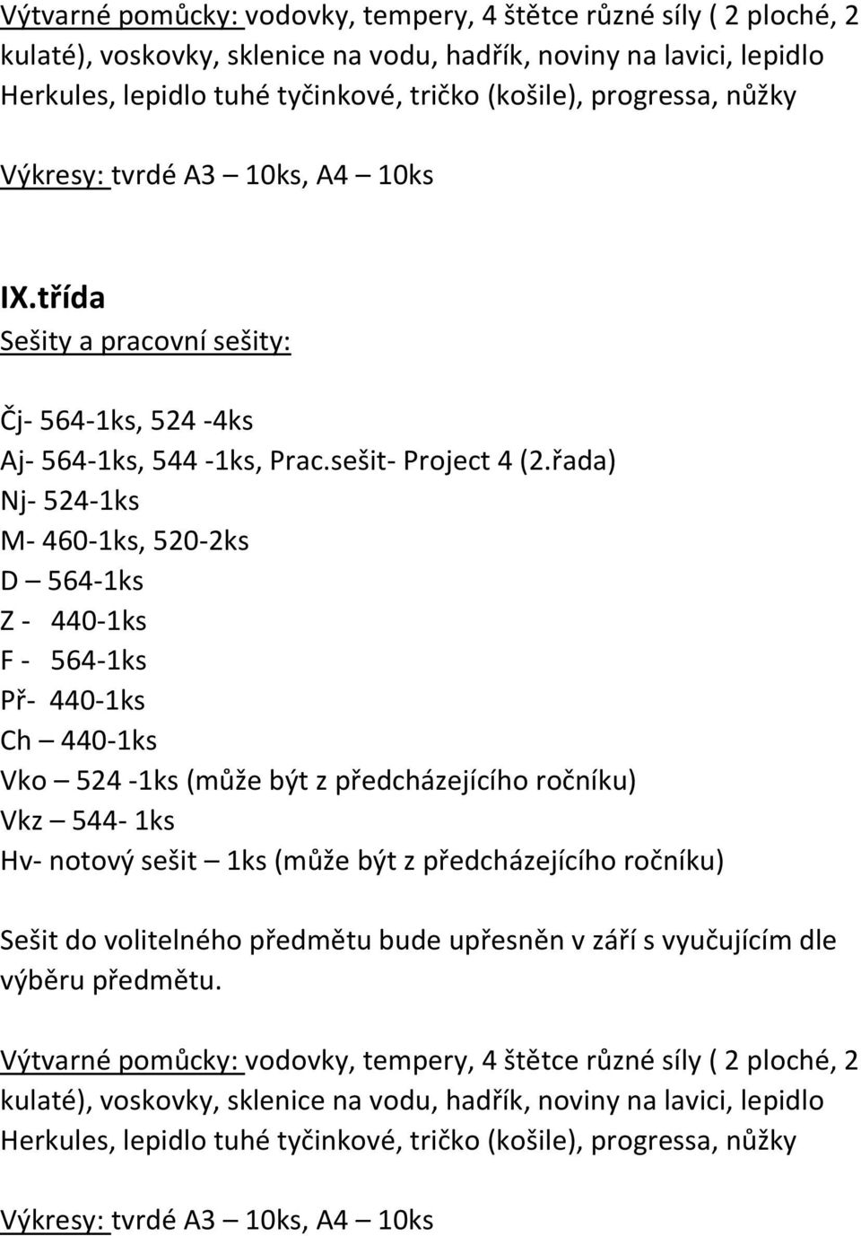 řada) Nj- 524-1ks M- 460-1ks, 520-2ks D 564-1ks Z - 440-1ks F - 564-1ks Př- 440-1ks Ch 440-1ks Vko 524-1ks