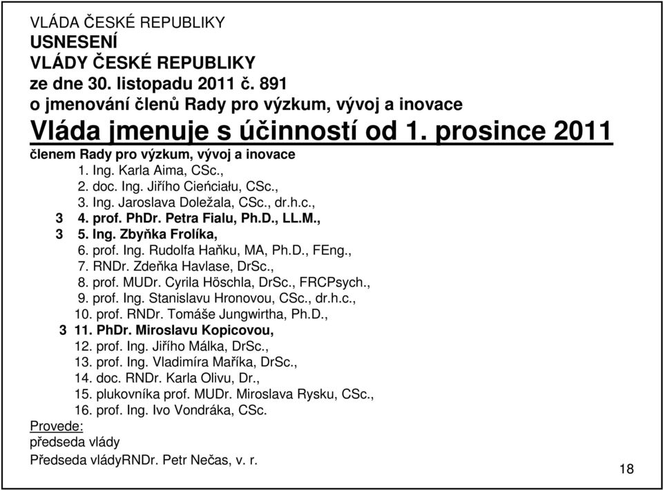 M., 3 5. Ing. Zbyňka Frolíka, 6. prof. Ing. Rudolfa Haňku, MA, Ph.D., FEng., 7. RNDr. Zdeňka Havlase, DrSc., 8. prof. MUDr. Cyrila Höschla, DrSc., FRCPsych., 9. prof. Ing. Stanislavu Hronovou, CSc.